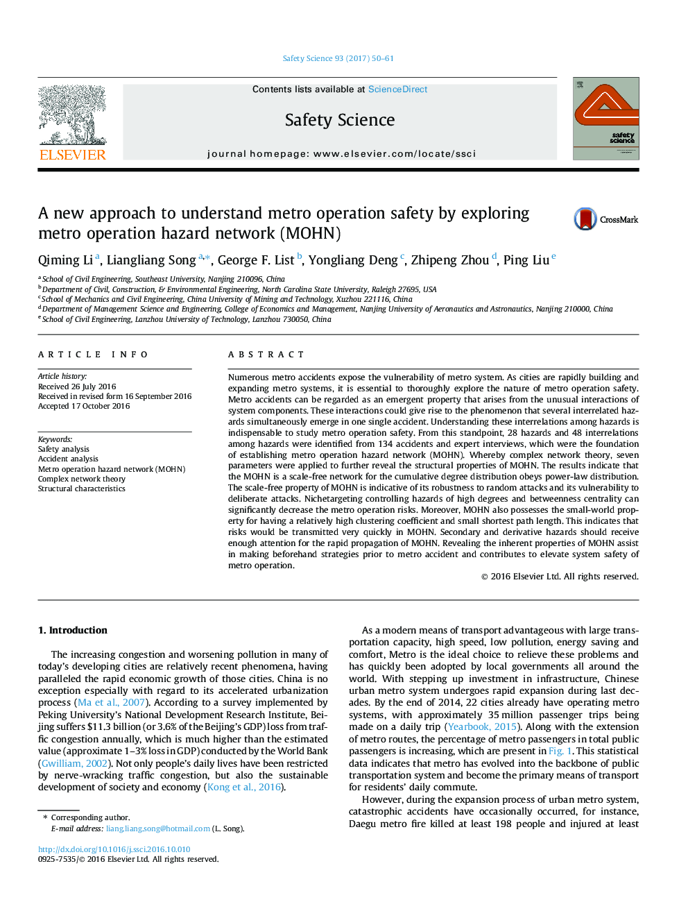 A new approach to understand metro operation safety by exploring metro operation hazard network (MOHN)