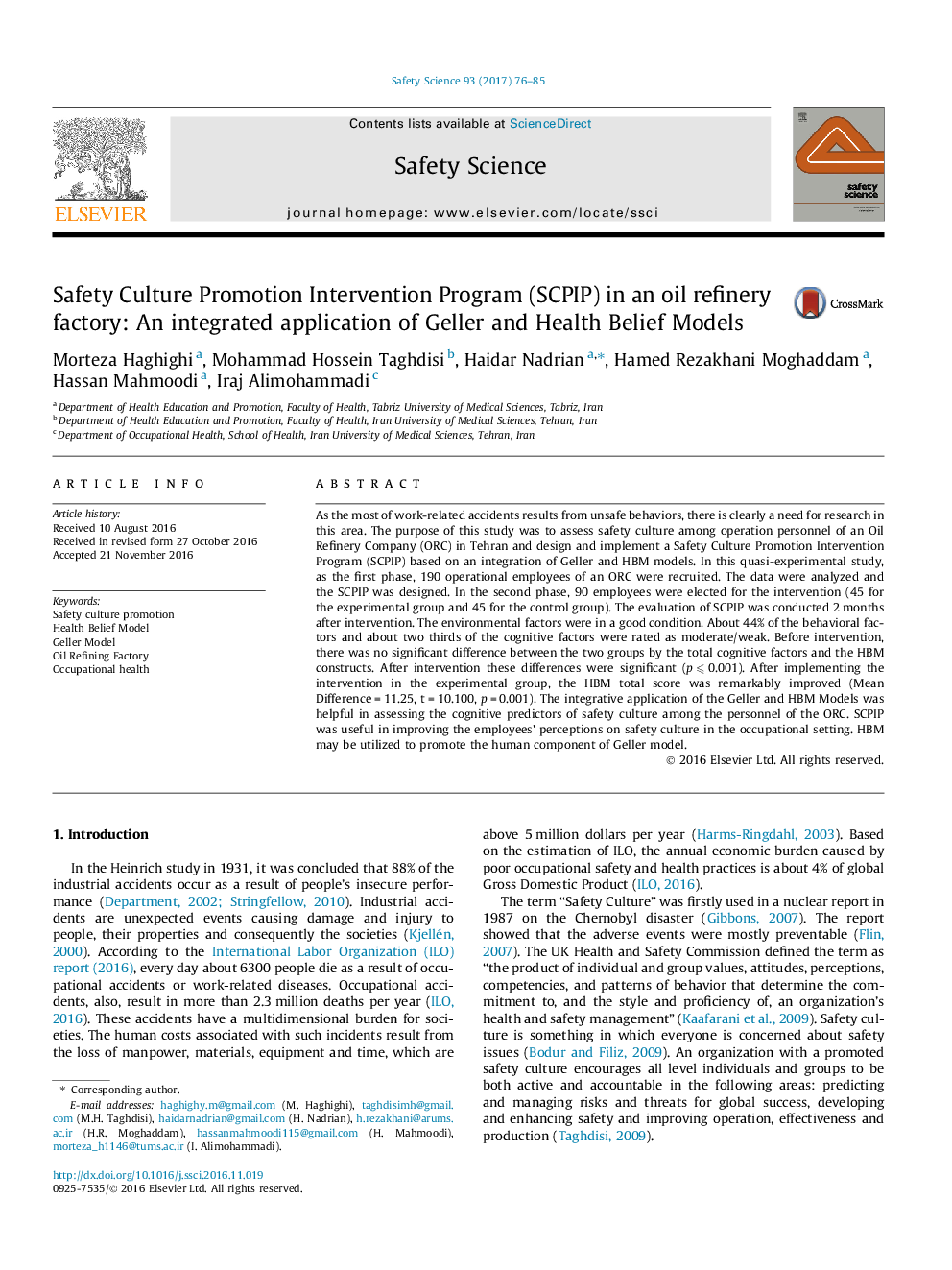 Safety Culture Promotion Intervention Program (SCPIP) in an oil refinery factory: An integrated application of Geller and Health Belief Models