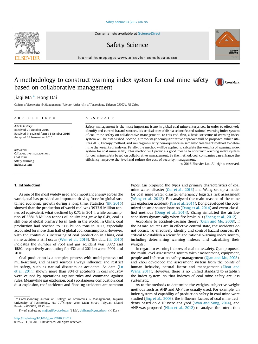 A methodology to construct warning index system for coal mine safety based on collaborative management