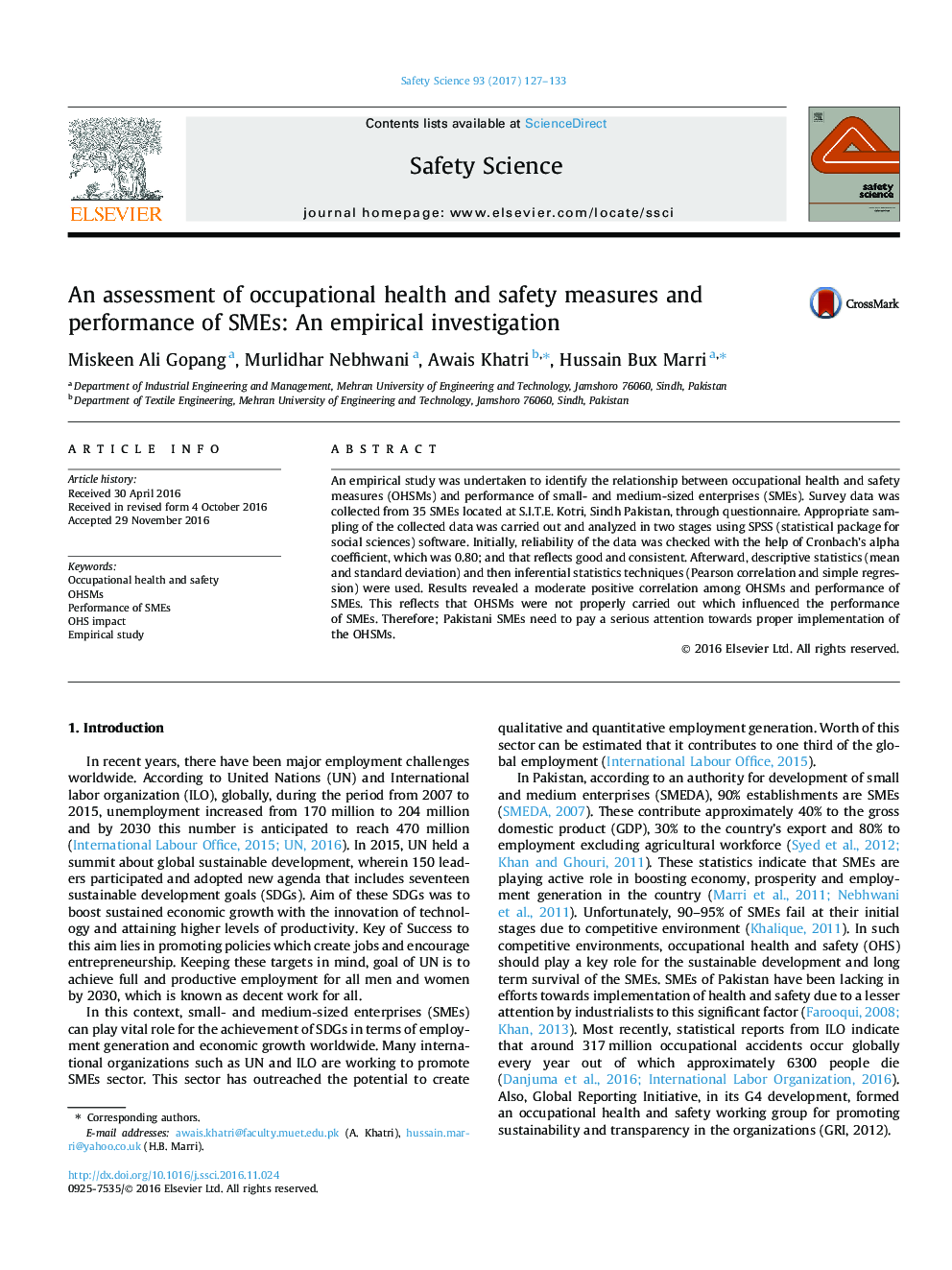 An assessment of occupational health and safety measures and performance of SMEs: An empirical investigation