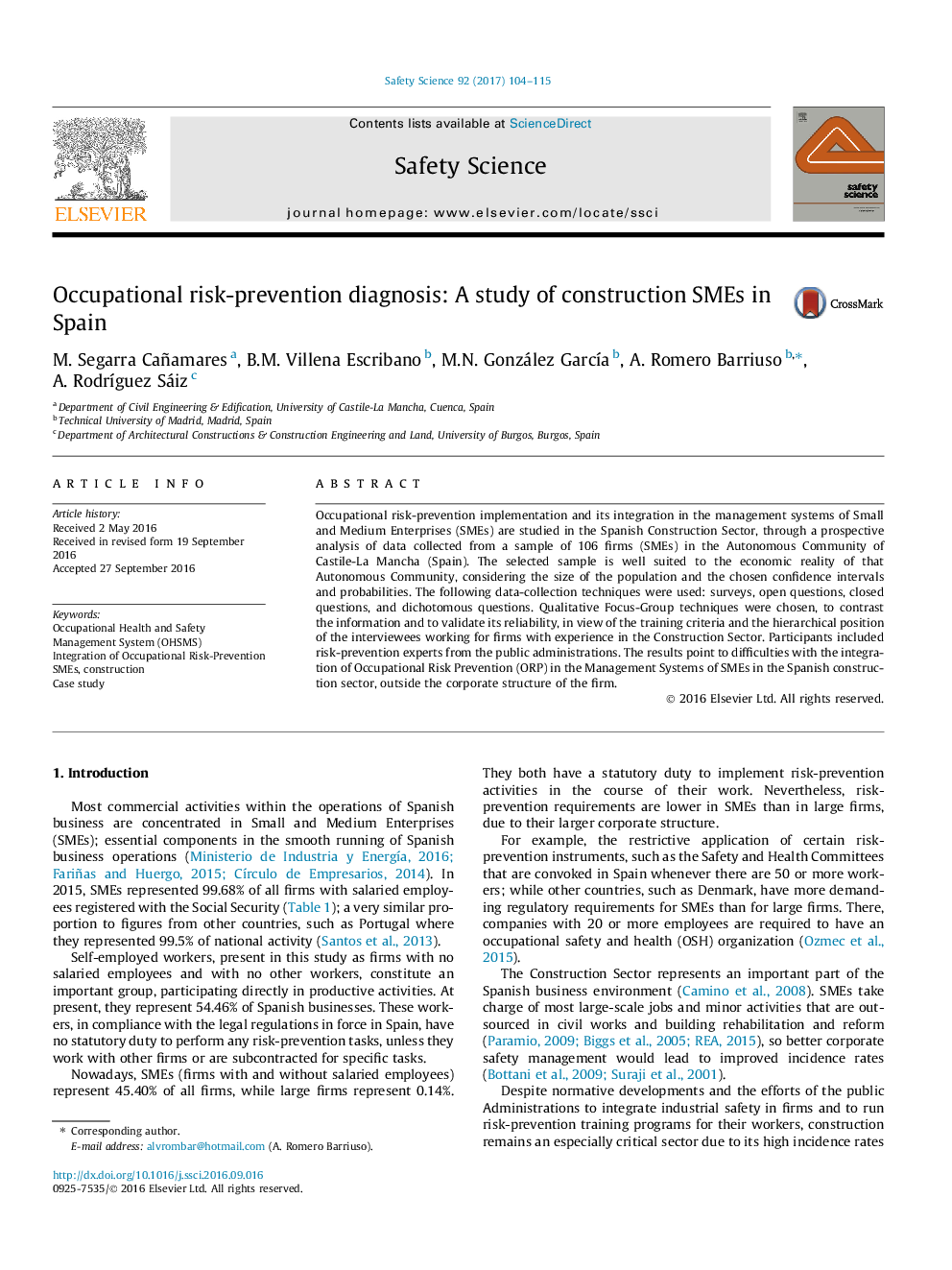 Occupational risk-prevention diagnosis: A study of construction SMEs in Spain