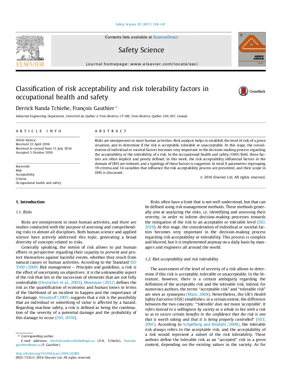 Classification of risk acceptability and risk tolerability factors in occupational health and safety