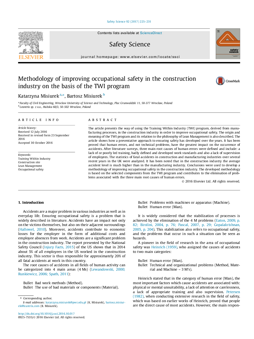 Methodology of improving occupational safety in the construction industry on the basis of the TWI program