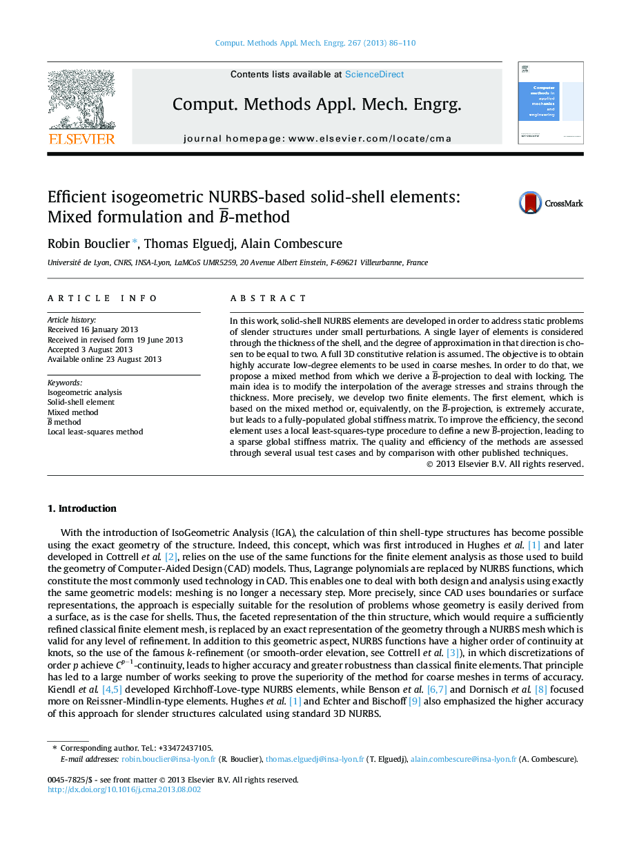 Efficient isogeometric NURBS-based solid-shell elements: Mixed formulation and B¯-method