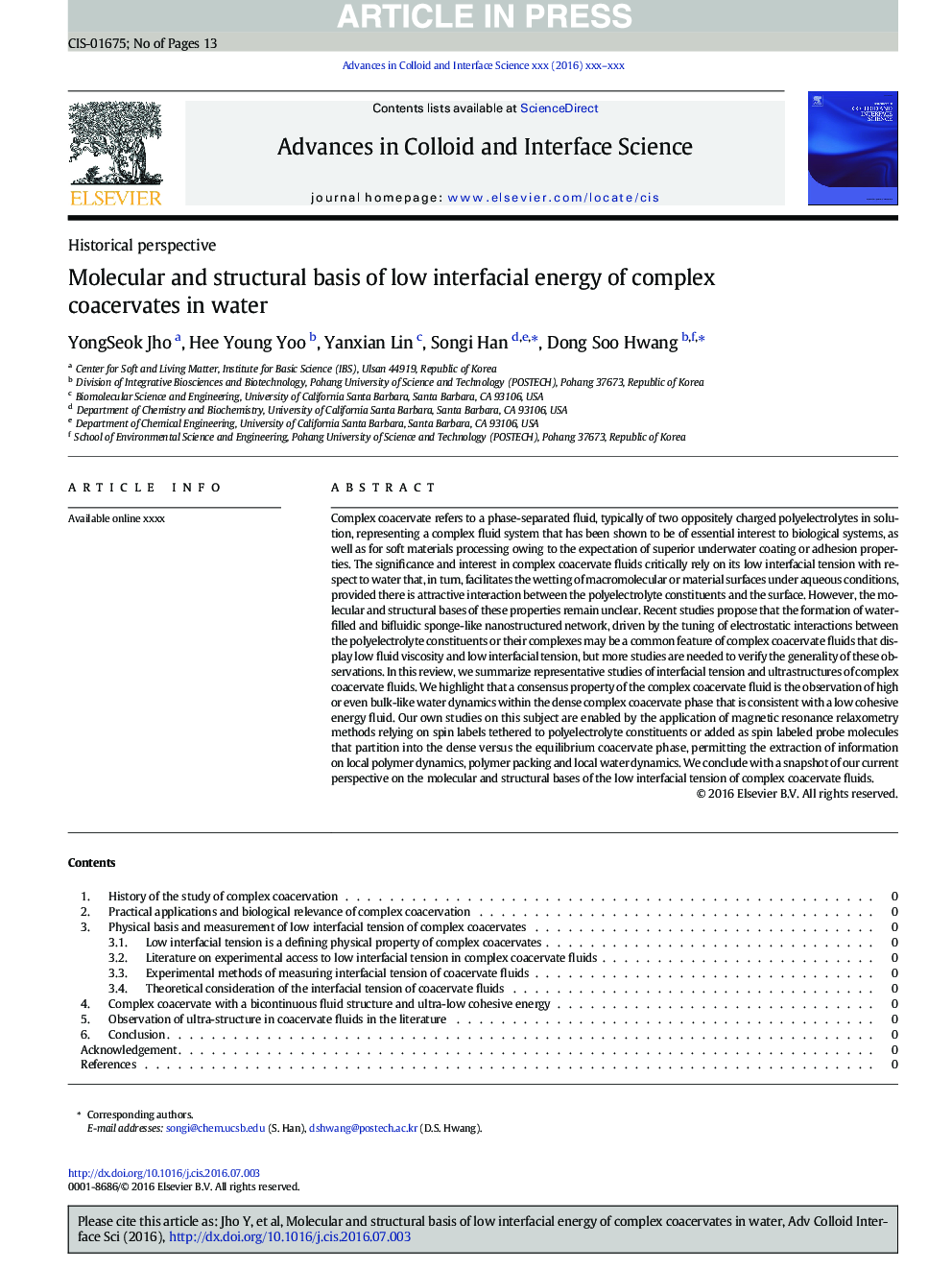 عکس صفحه اول مقاله: Molecular and structural basis of low interfacial energy of complex coacervates in water Molecular and structural basis of low interfacial energy of complex coacervates in water