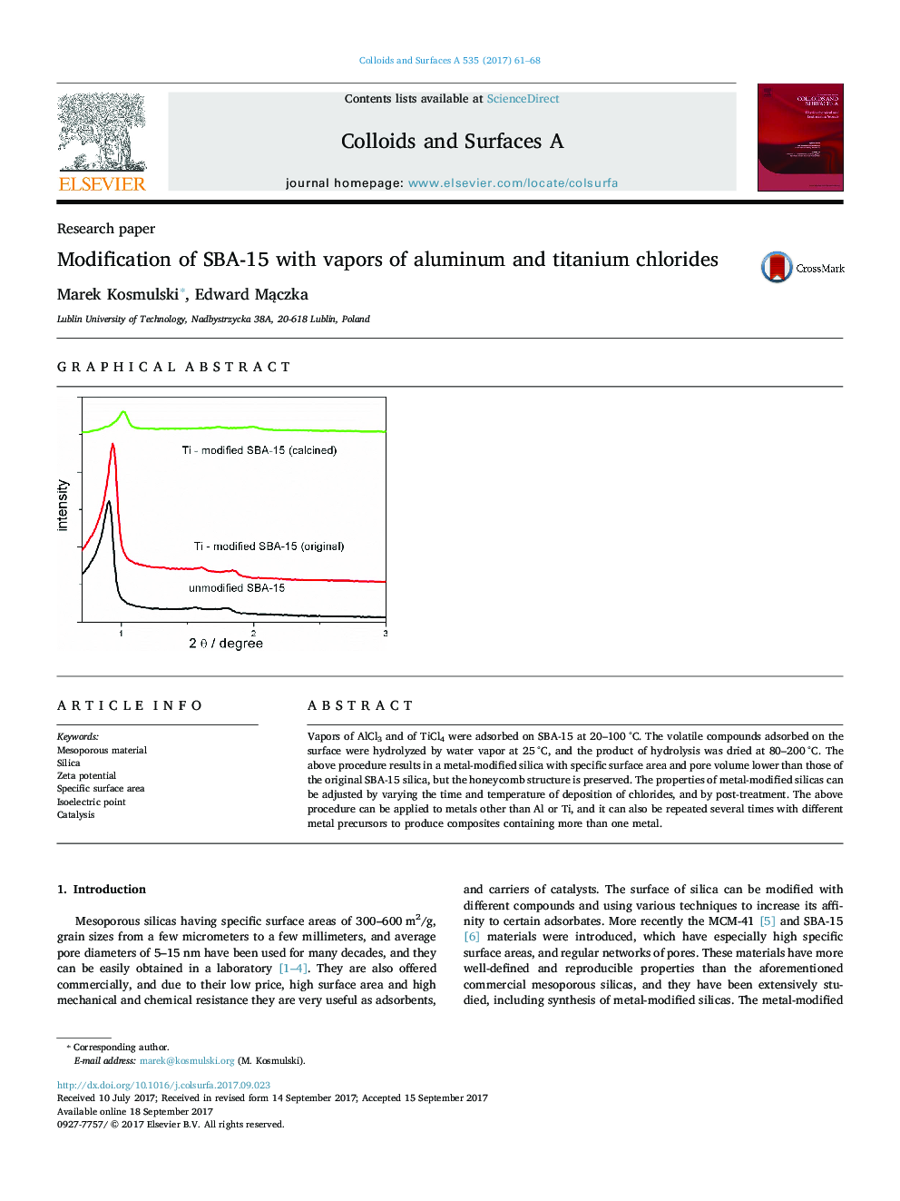 Modification of SBA-15 with vapors of aluminum and titanium chlorides