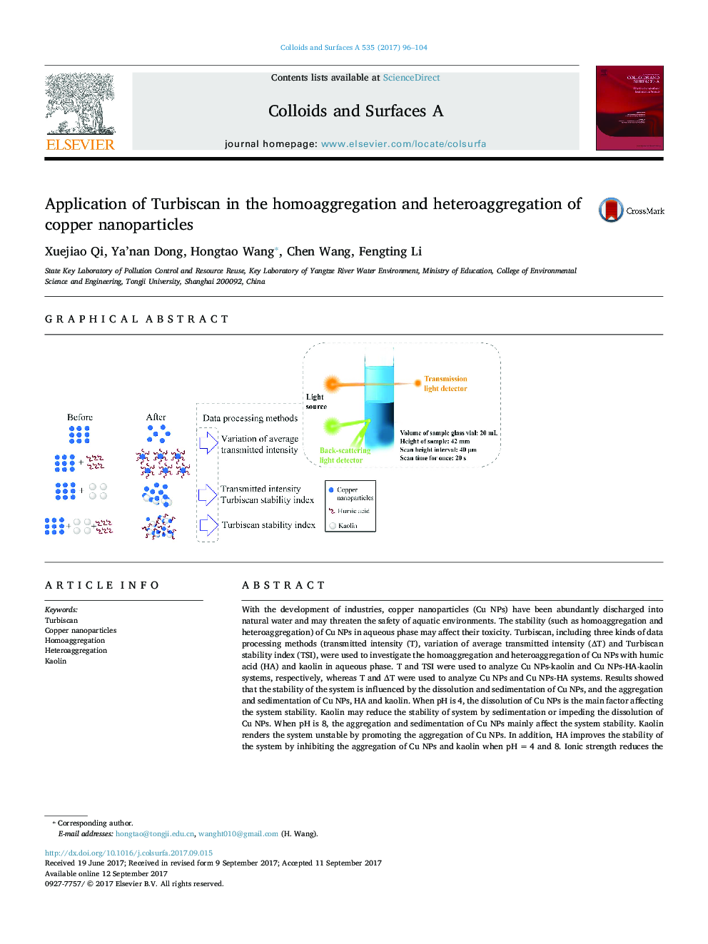 Application of Turbiscan in the homoaggregation and heteroaggregation of copper nanoparticles