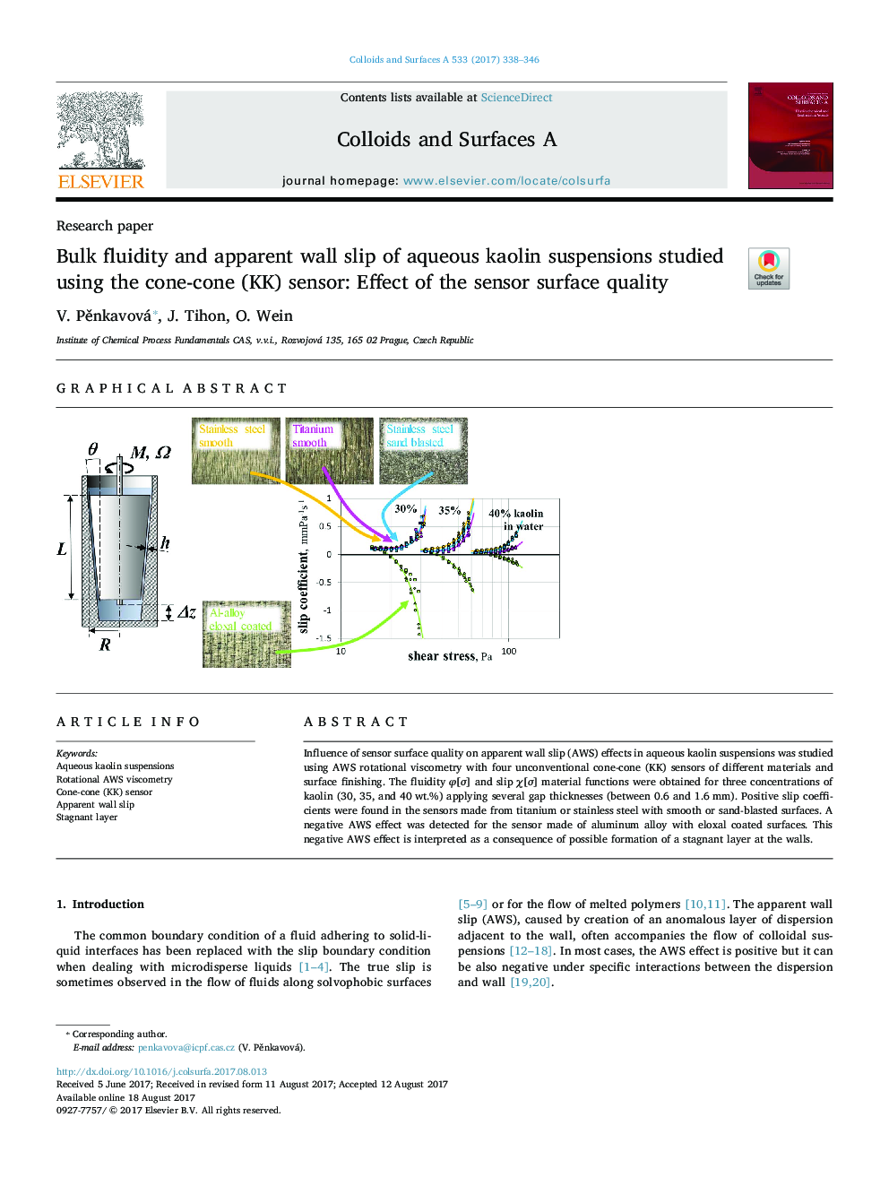 Bulk fluidity and apparent wall slip of aqueous kaolin suspensions studied using the cone-cone (KK) sensor: Effect of the sensor surface quality