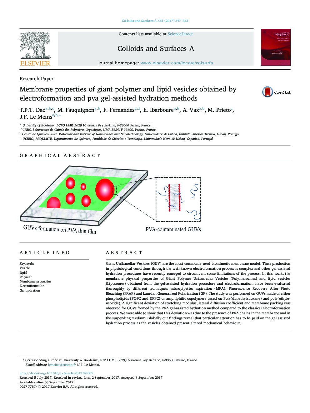 Membrane properties of giant polymer and lipid vesicles obtained by electroformation and pva gel-assisted hydration methods