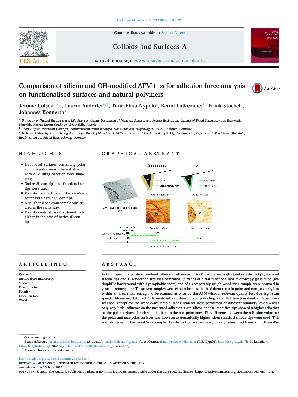 Comparison of silicon and OH-modified AFM tips for adhesion force analysis on functionalised surfaces and natural polymers