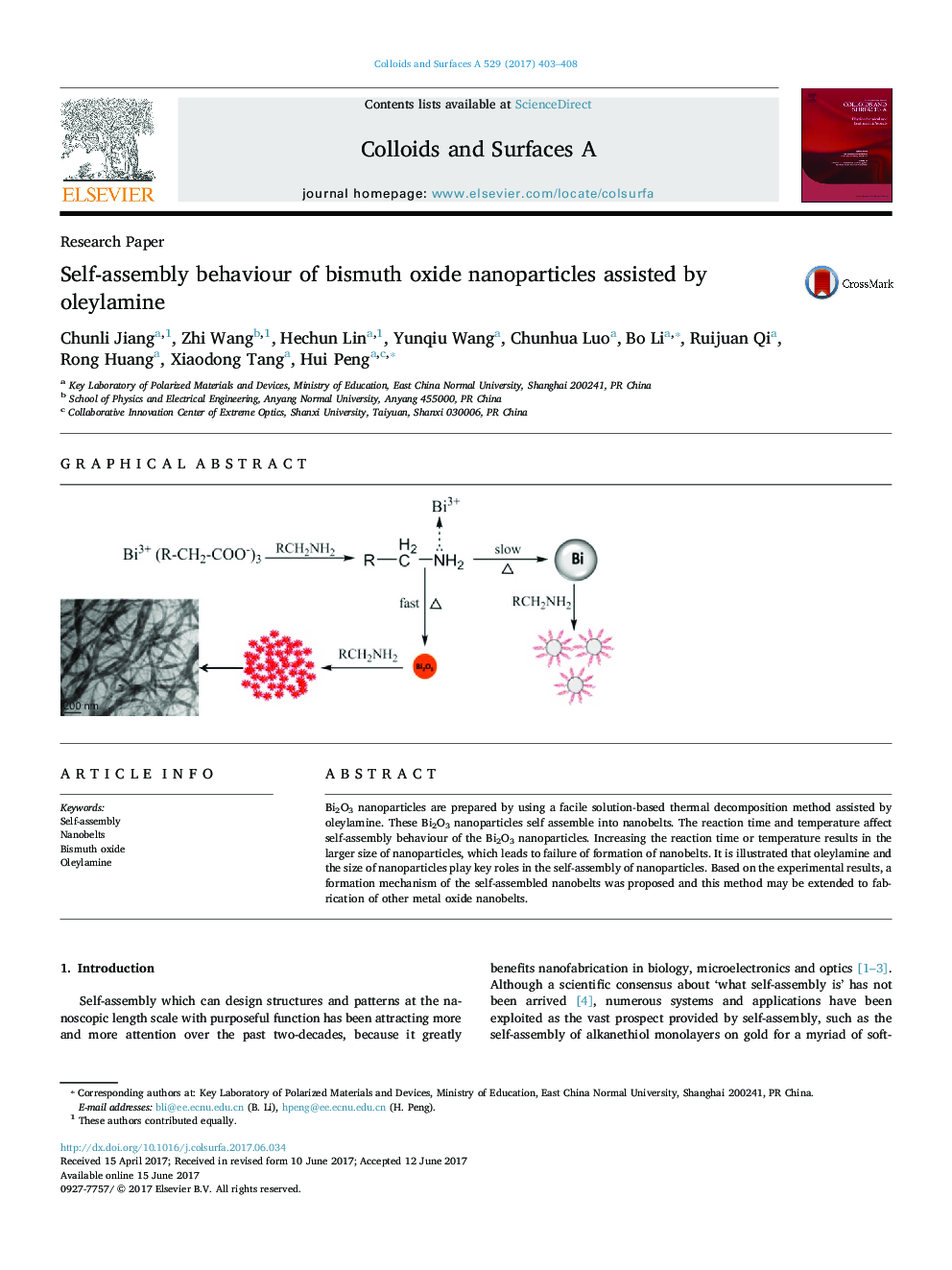 Self-assembly behaviour of bismuth oxide nanoparticles assisted by oleylamine