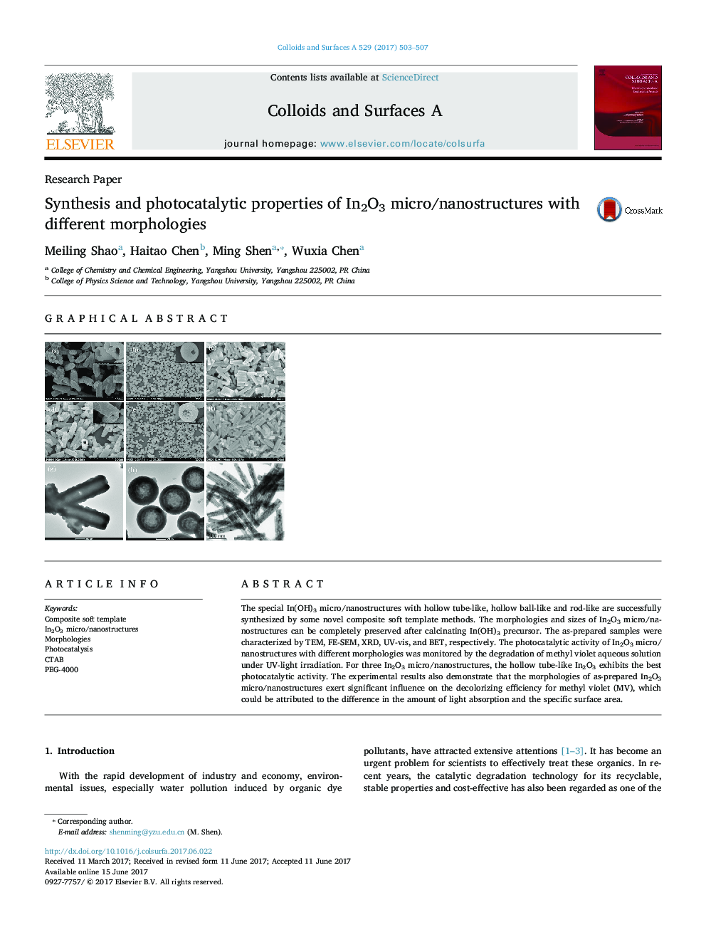 Synthesis and photocatalytic properties of In2O3 micro/nanostructures with different morphologies