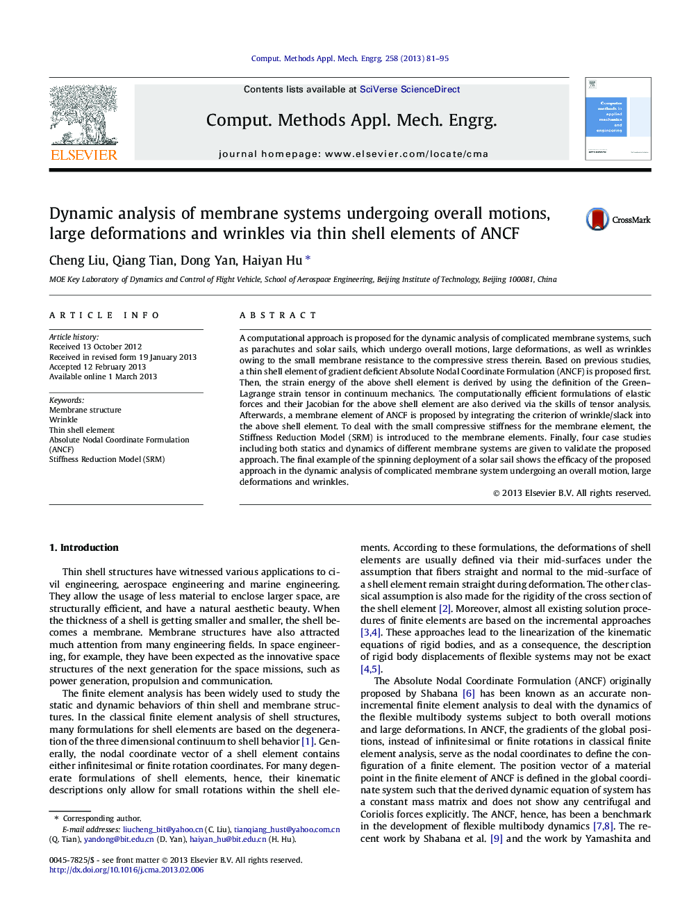 Dynamic analysis of membrane systems undergoing overall motions, large deformations and wrinkles via thin shell elements of ANCF