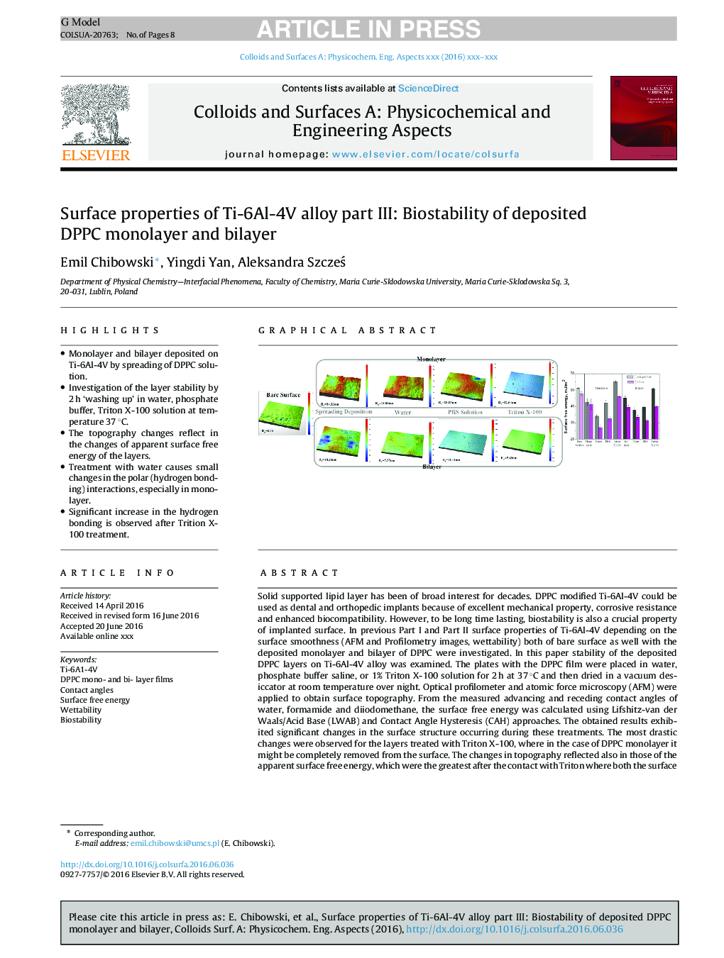 Surface properties of Ti-6Al-4V alloy part III: Biostability of deposited DPPC monolayer and bilayer