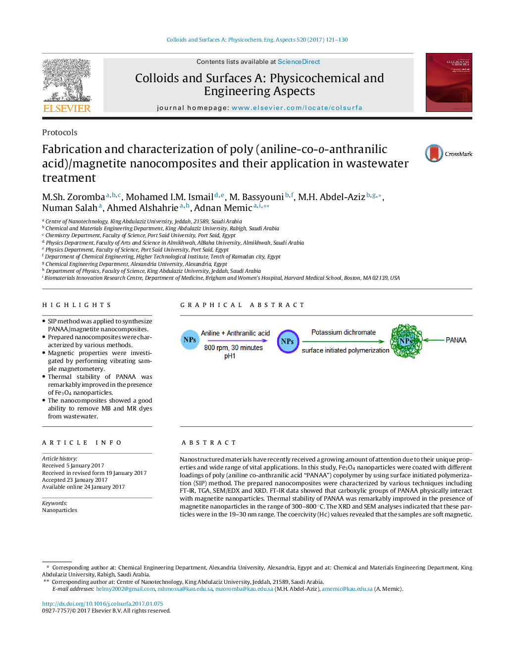 Fabrication and characterization of poly (aniline-co-o-anthranilic acid)/magnetite nanocomposites and their application in wastewater treatment