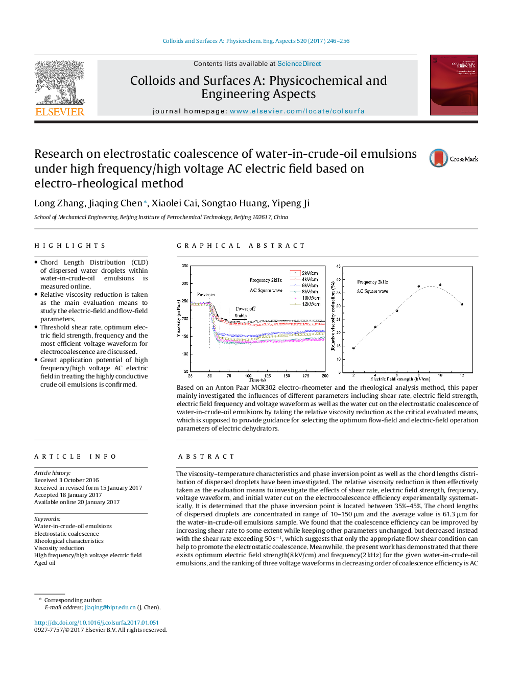 Research on electrostatic coalescence of water-in-crude-oil emulsions under high frequency/high voltage AC electric field based on electro-rheological method