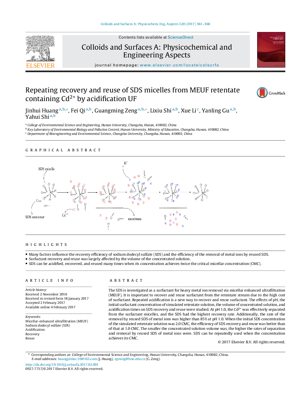 Repeating recovery and reuse of SDS micelles from MEUF retentate containing Cd2+ by acidification UF