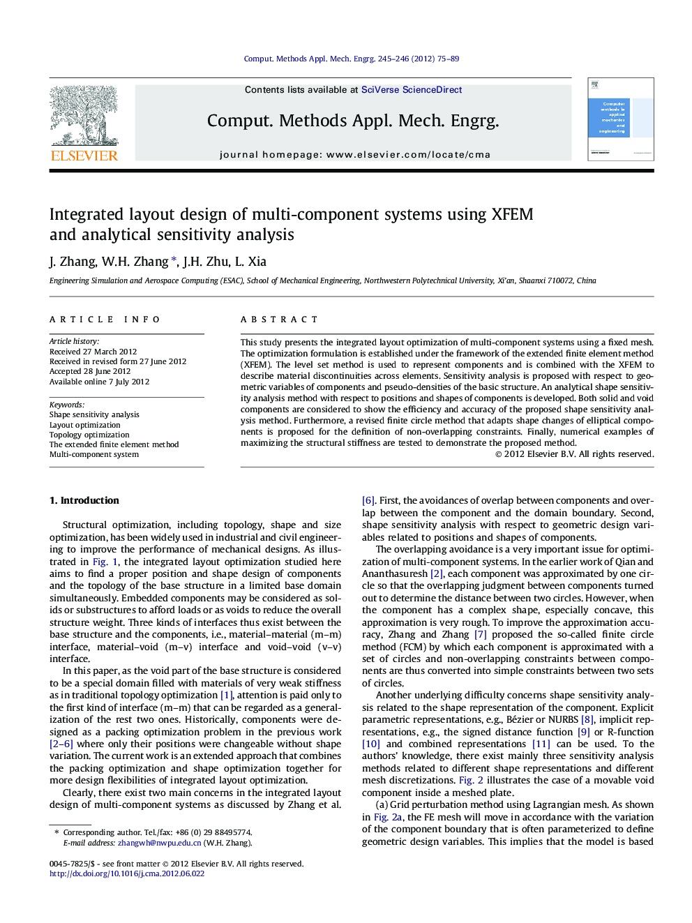 Integrated layout design of multi-component systems using XFEM and analytical sensitivity analysis