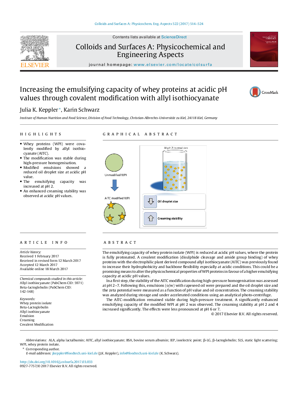 عکس صفحه اول مقاله: Increasing the emulsifying capacity of whey proteins at acidic pH values through covalent modification with allyl isothiocyanate Increasing the emulsifying capacity of whey proteins at acidic pH values through covalent modification with allyl isothiocyanate