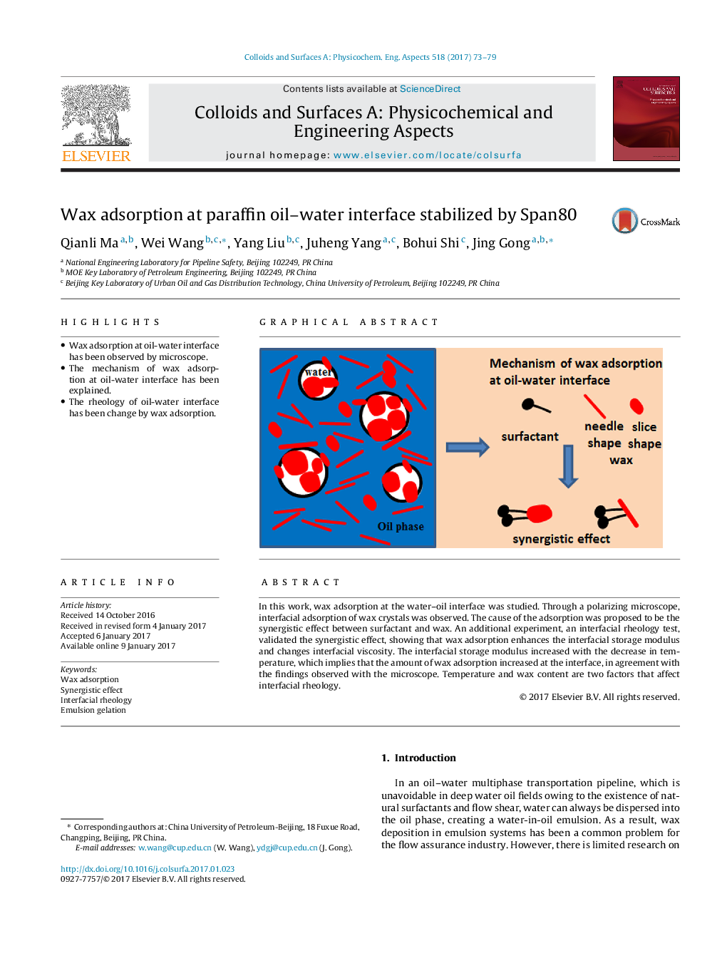 Wax adsorption at paraffin oil-water interface stabilized by Span80