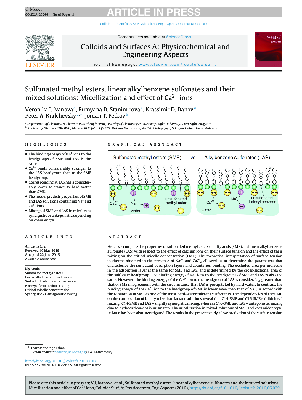 Sulfonated methyl esters, linear alkylbenzene sulfonates and their mixed solutions: Micellization and effect of Ca2+ ions