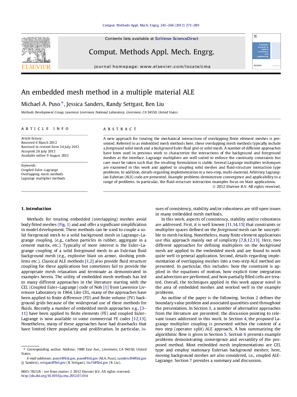 An embedded mesh method in a multiple material ALE