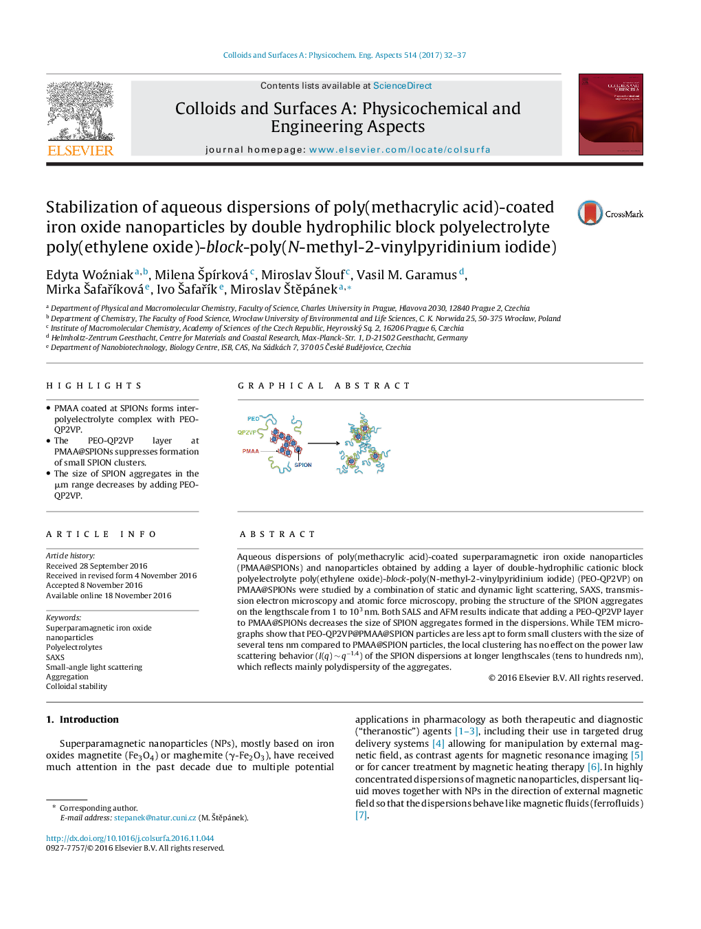 Stabilization of aqueous dispersions of poly(methacrylic acid)-coated iron oxide nanoparticles by double hydrophilic block polyelectrolyte poly(ethylene oxide)-block-poly(N-methyl-2-vinylpyridinium iodide)