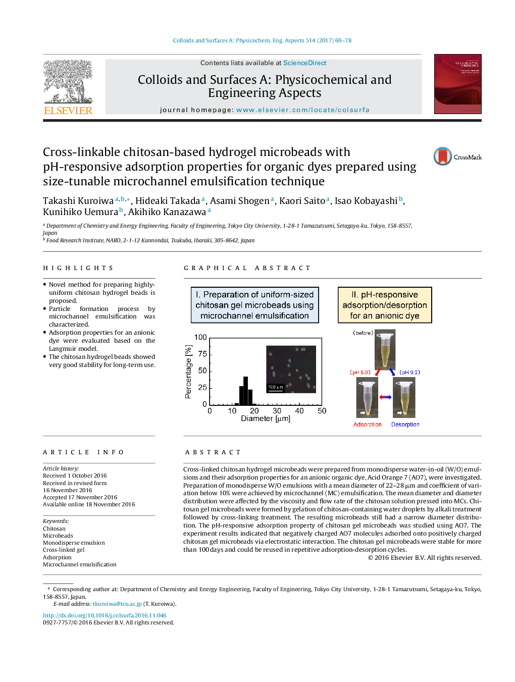 Cross-linkable chitosan-based hydrogel microbeads with pH-responsive adsorption properties for organic dyes prepared using size-tunable microchannel emulsification technique