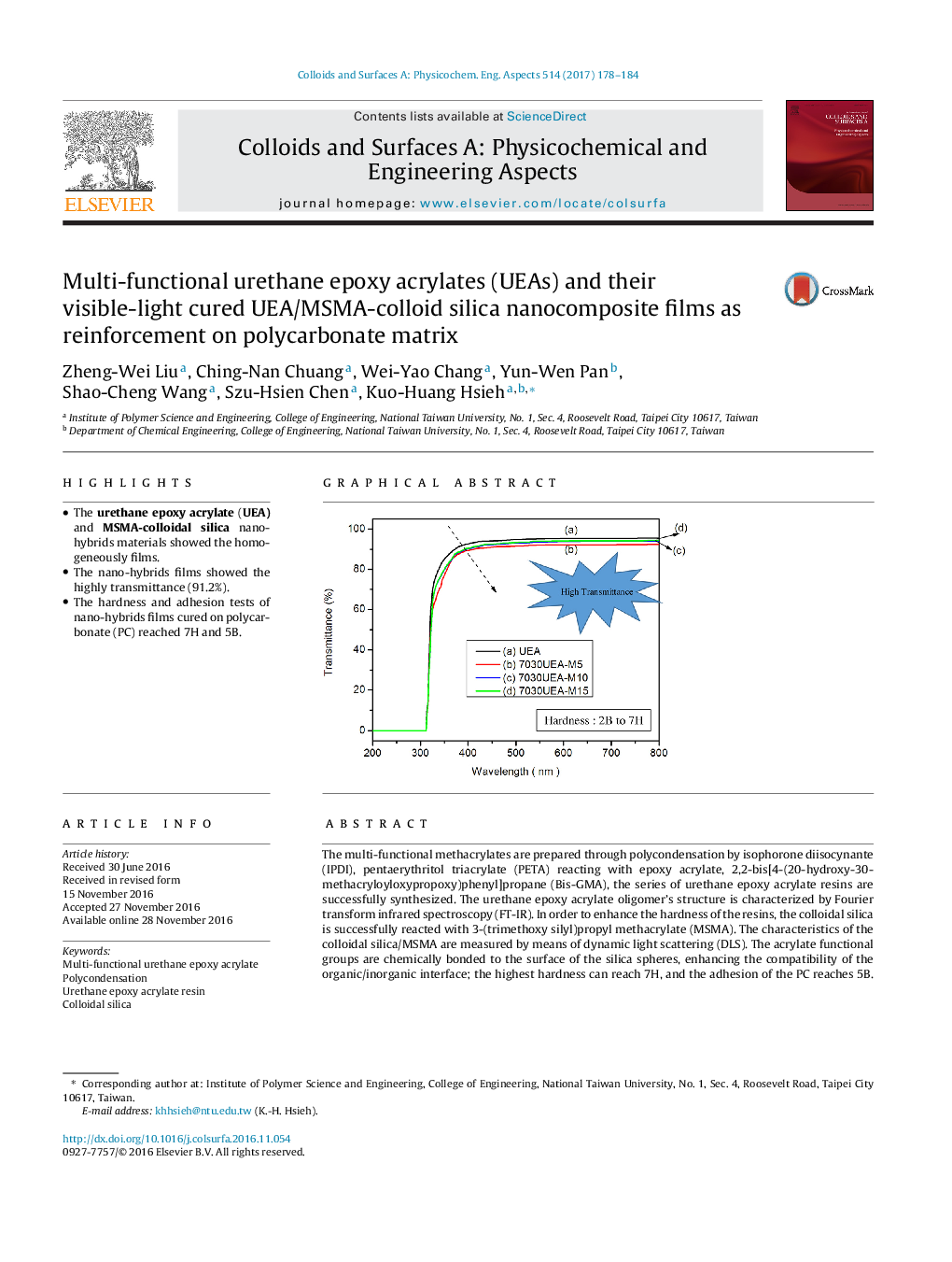 Multi-functional urethane epoxy acrylates (UEAs) and their visible-light cured UEA/MSMA-colloid silica nanocomposite films as reinforcement on polycarbonate matrix