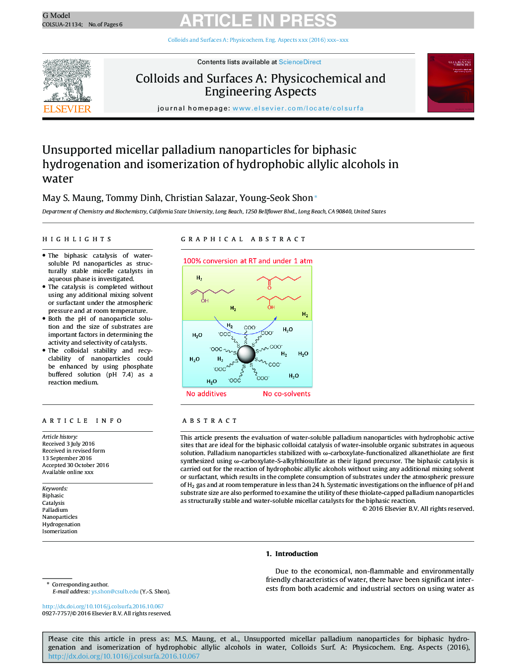 Unsupported micellar palladium nanoparticles for biphasic hydrogenation and isomerization of hydrophobic allylic alcohols in water