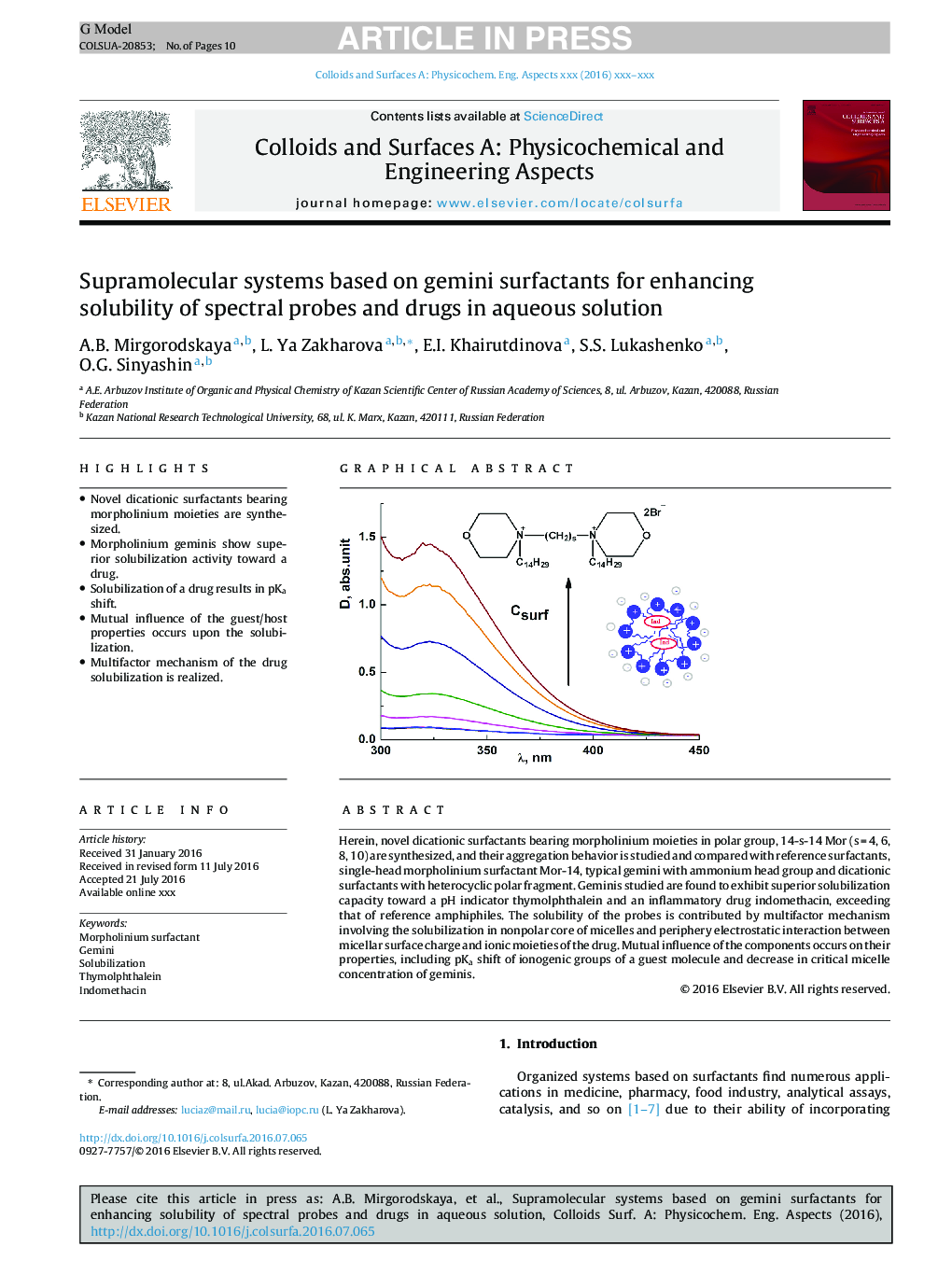 Supramolecular systems based on gemini surfactants for enhancing solubility of spectral probes and drugs in aqueous solution