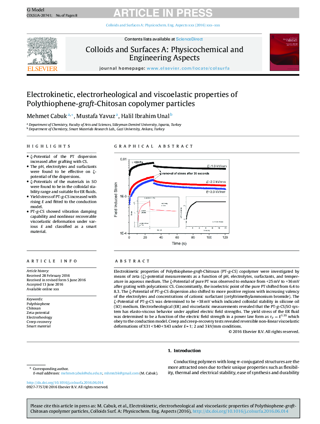 Electrokinetic, electrorheological and viscoelastic properties of Polythiophene-graft-Chitosan copolymer particles