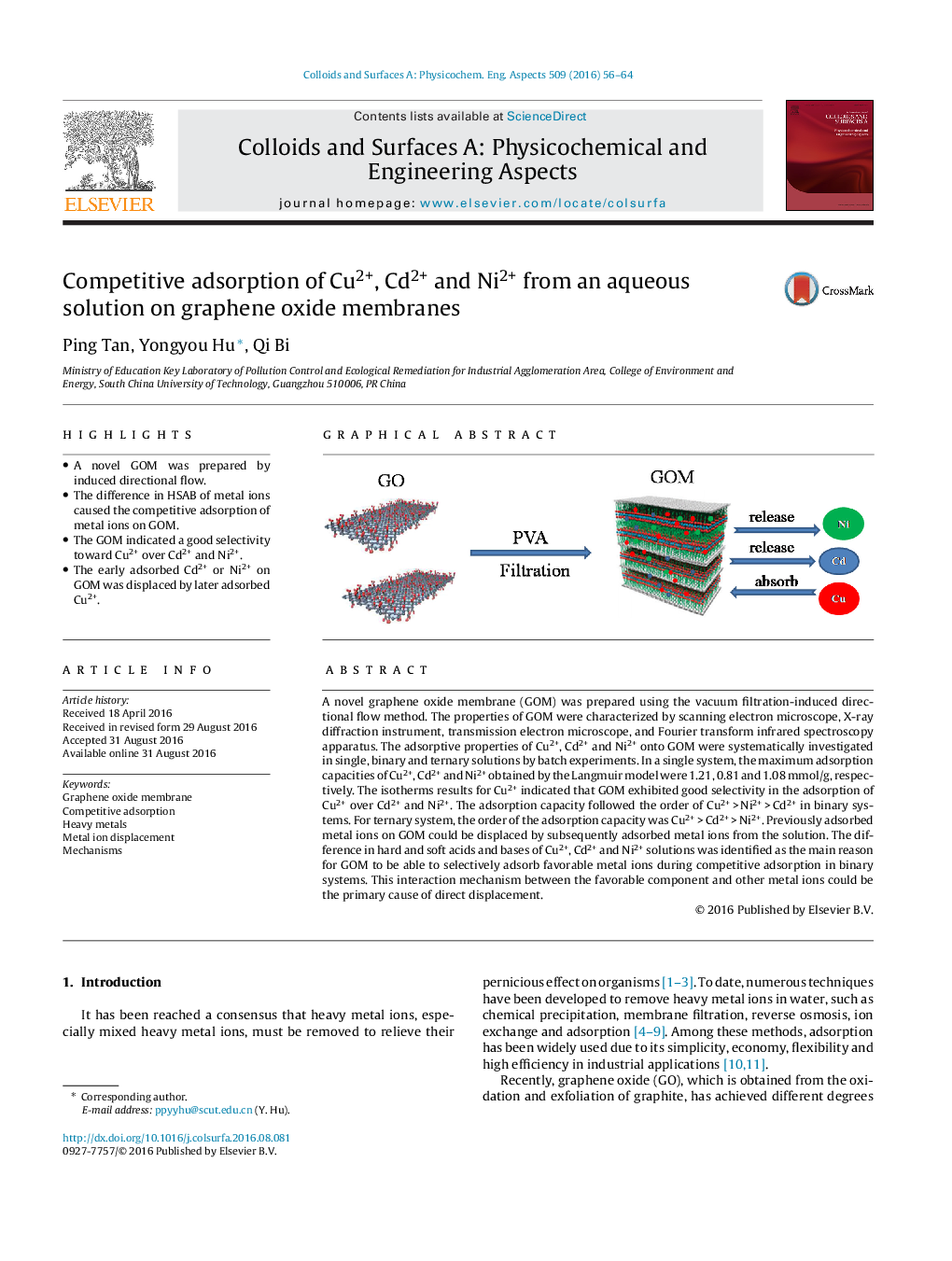 Competitive adsorption of Cu2+, Cd2+ and Ni2+ from an aqueous solution on graphene oxide membranes