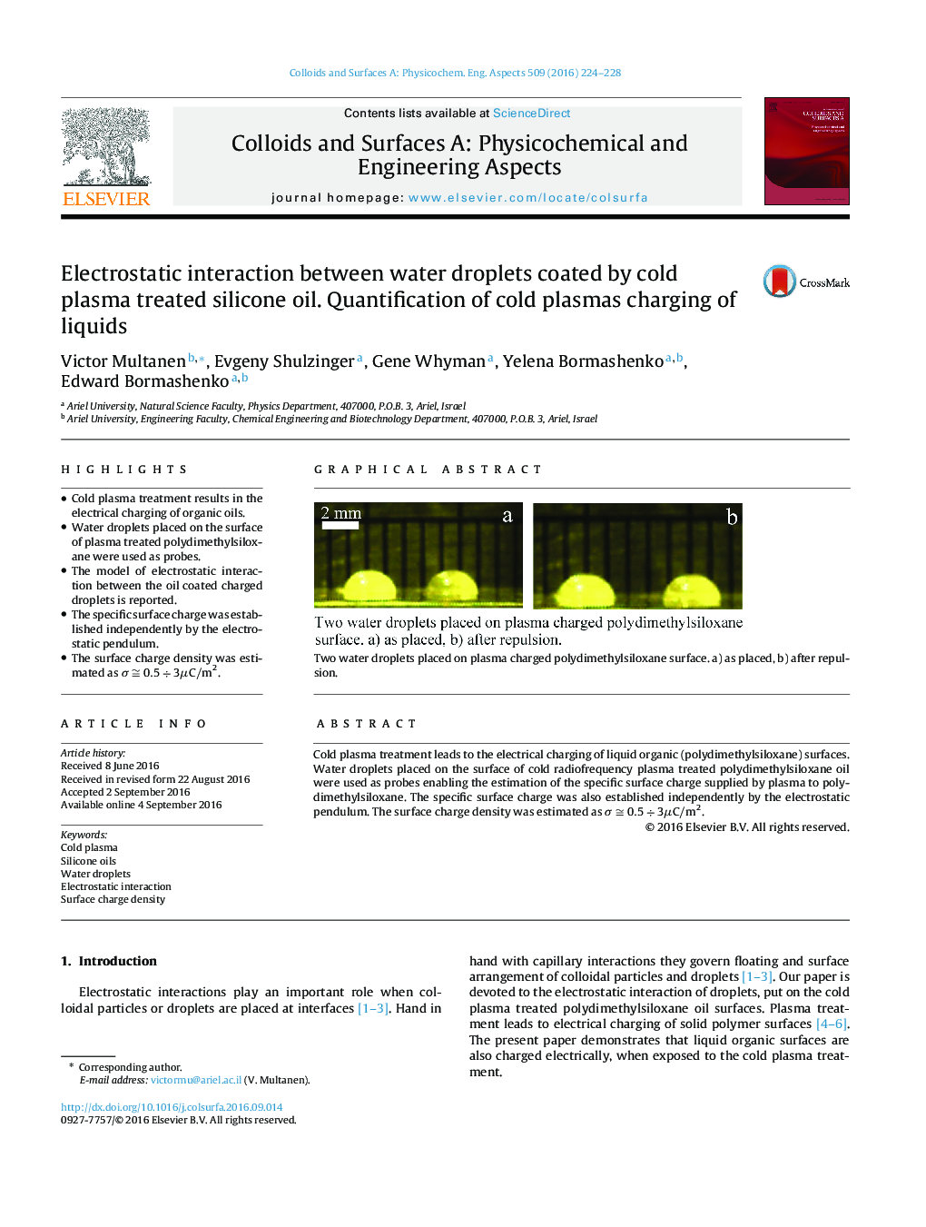 Electrostatic interaction between water droplets coated by cold plasma treated silicone oil. Quantification of cold plasmas charging of liquids