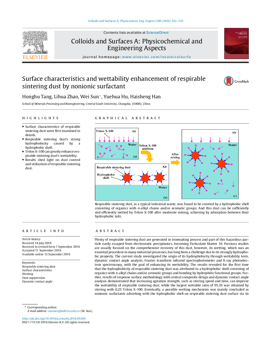 Surface characteristics and wettability enhancement of respirable sintering dust by nonionic surfactant