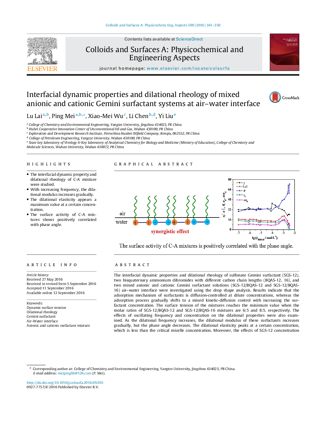 عکس صفحه اول مقاله: Interfacial dynamic properties and dilational rheology of mixed anionic and cationic Gemini surfactant systems at air-water interface Interfacial dynamic properties and dilational rheology of mixed anionic and cationic Gemini surfactant systems at air-water interface
