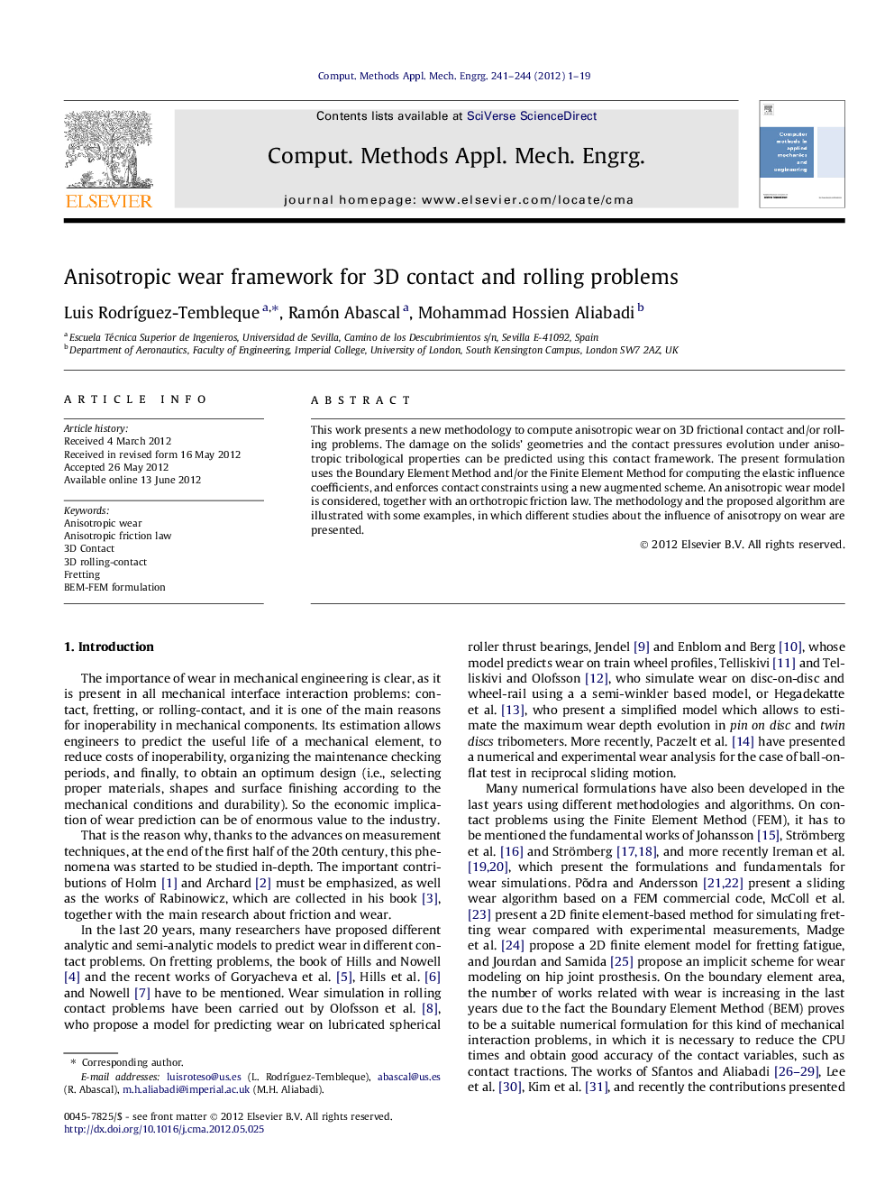 عکس صفحه اول مقاله: Anisotropic wear framework for 3D contact and rolling problems Anisotropic wear framework for 3D contact and rolling problems