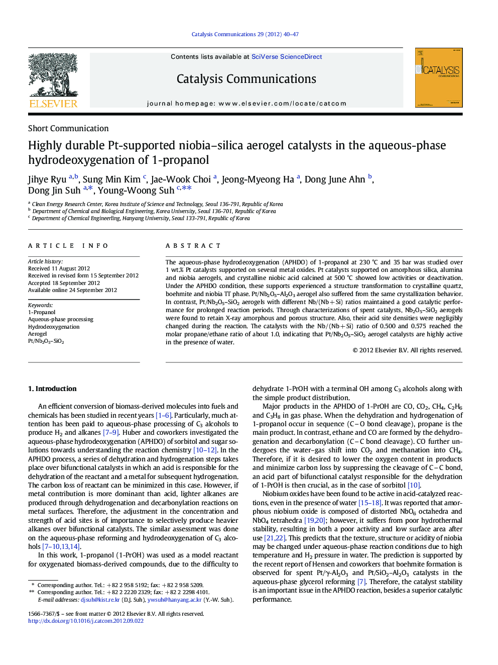 Highly durable Pt-supported niobia–silica aerogel catalysts in the aqueous-phase hydrodeoxygenation of 1-propanol