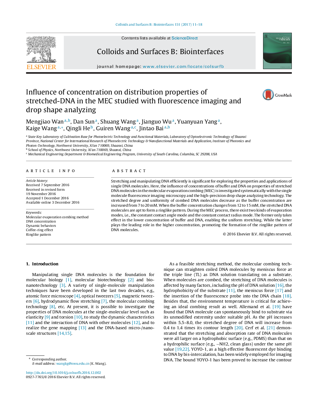 Influence of concentration on distribution properties of stretched-DNA in the MEC studied with fluorescence imaging and drop shape analyzing