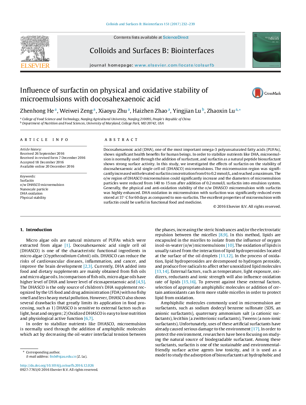 Influence of surfactin on physical and oxidative stability of microemulsions with docosahexaenoic acid