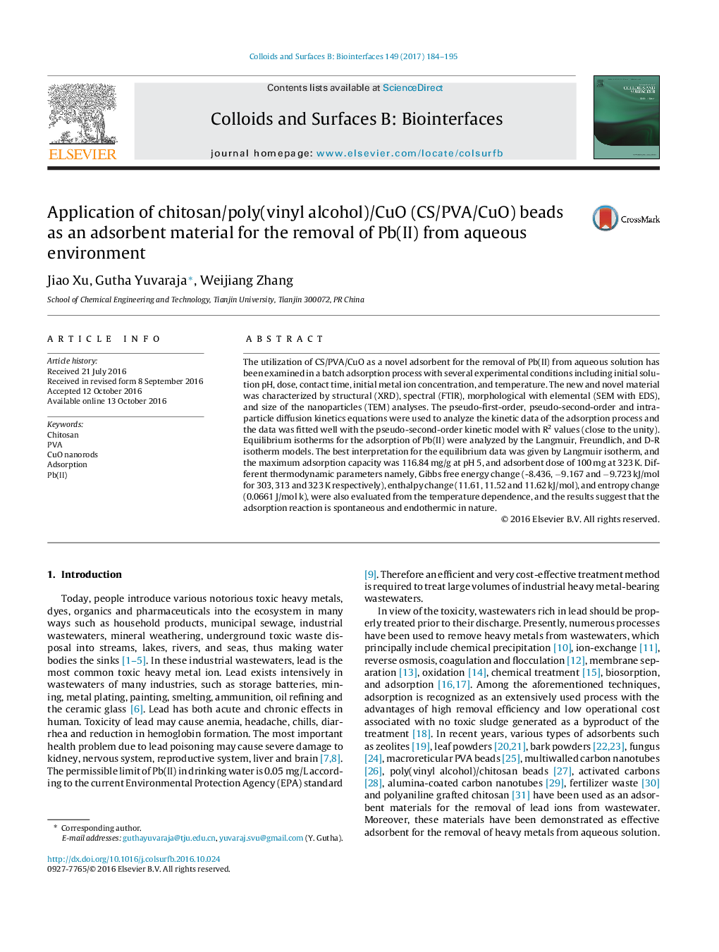 Application of chitosan/poly(vinyl alcohol)/CuO (CS/PVA/CuO) beads as an adsorbent material for the removal of Pb(II) from aqueous environment