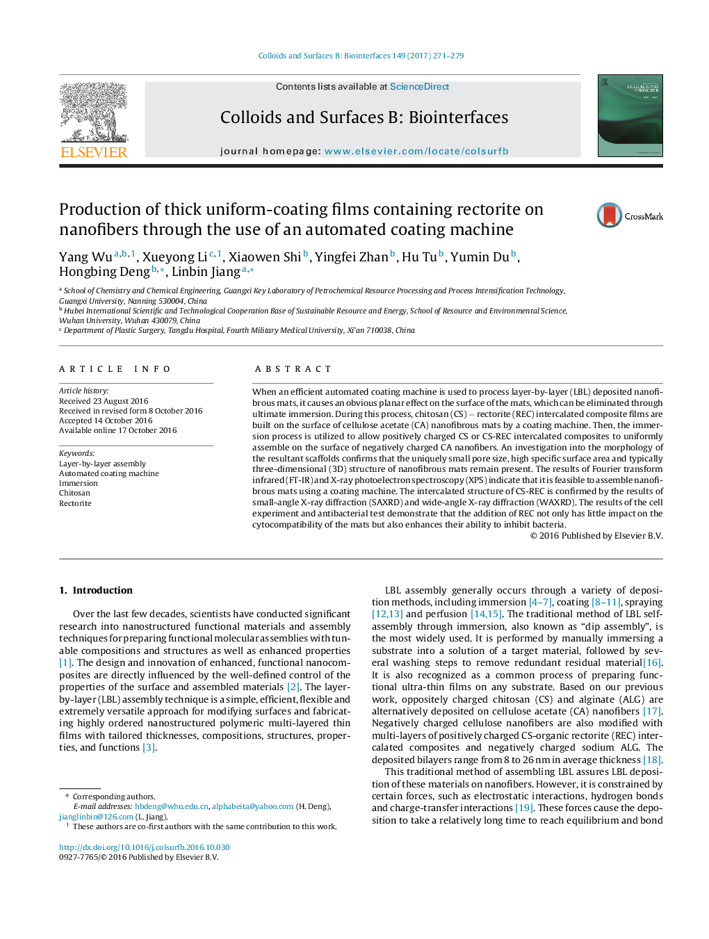 Production of thick uniform-coating films containing rectorite on nanofibers through the use of an automated coating machine