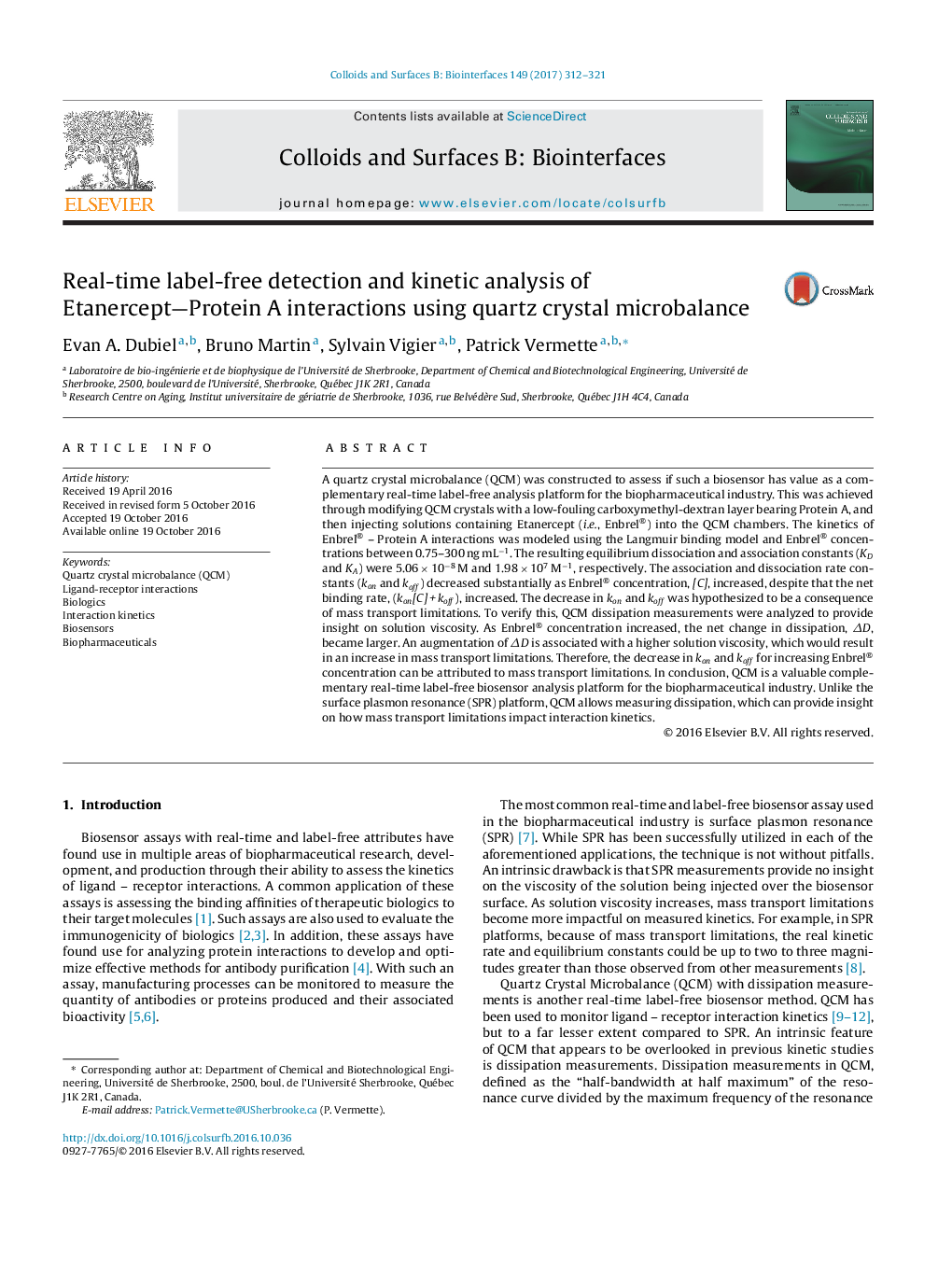 Real-time label-free detection and kinetic analysis of Etanercept-Protein A interactions using quartz crystal microbalance