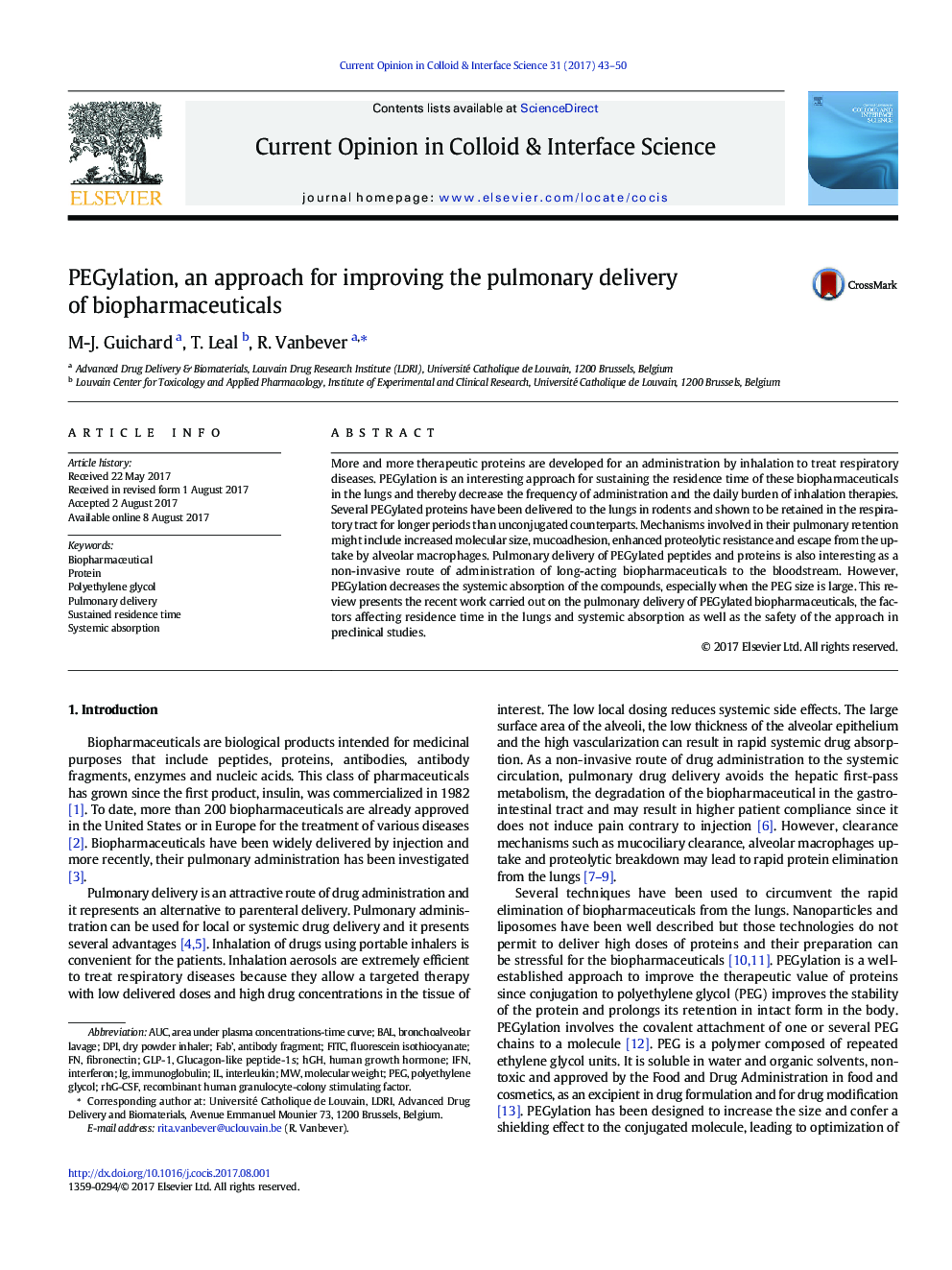 PEGylation, an approach for improving the pulmonary delivery of biopharmaceuticals