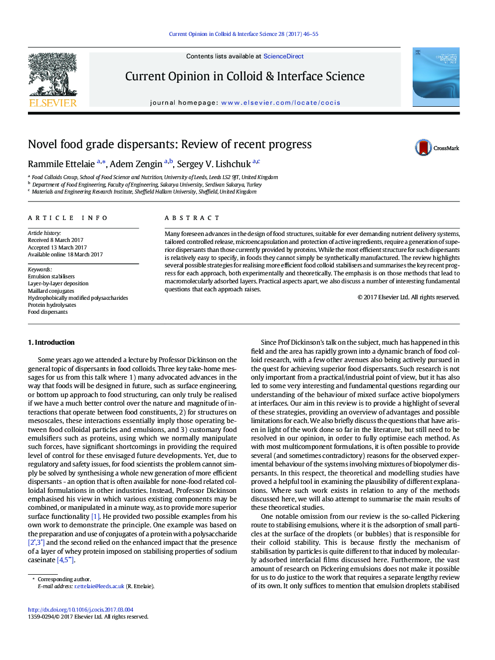 Novel food grade dispersants: Review of recent progress