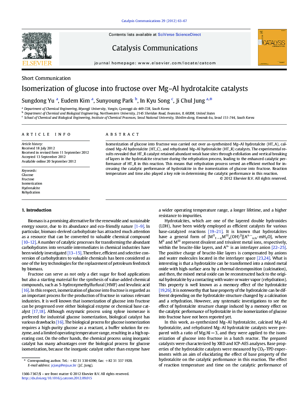 Isomerization of glucose into fructose over Mg–Al hydrotalcite catalysts