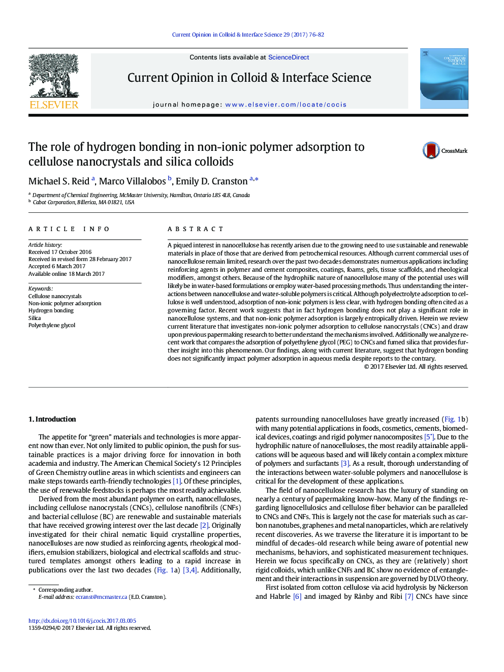 The role of hydrogen bonding in non-ionic polymer adsorption to cellulose nanocrystals and silica colloids