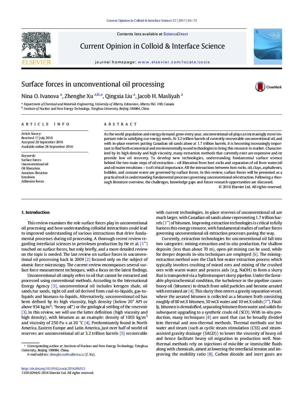 Surface forces in unconventional oil processing