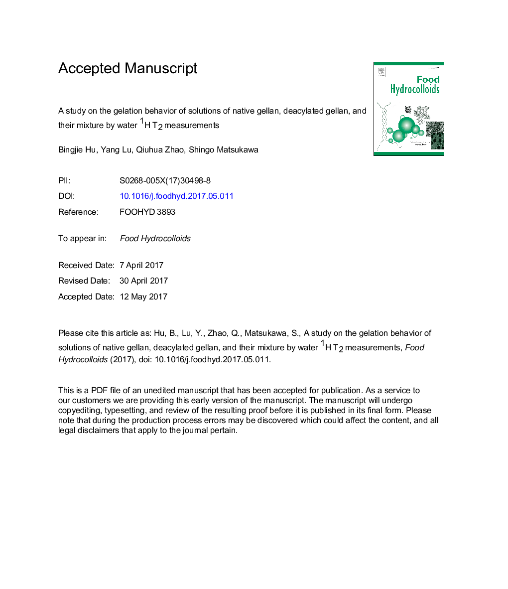 A study on the gelation behavior of solutions of native gellan, deacylated gellan, and their mixture by water 1H T2 measurements