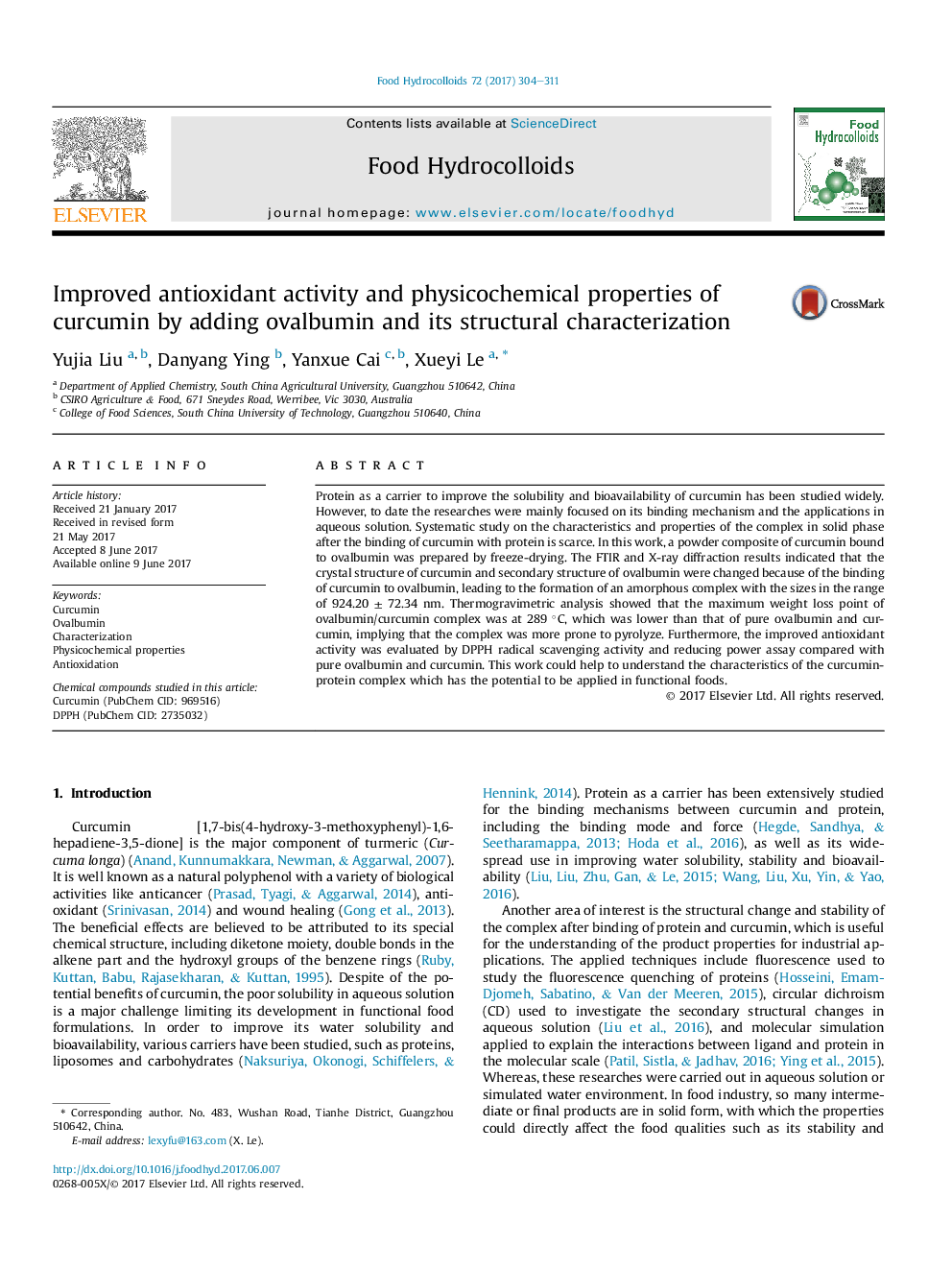 Improved antioxidant activity and physicochemical properties of curcumin by adding ovalbumin and its structural characterization